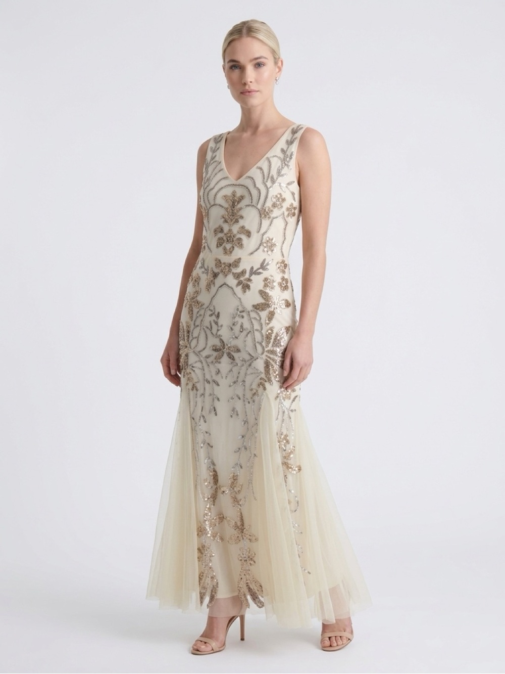 Embellished Ivory V-Neck Tulle Gown
